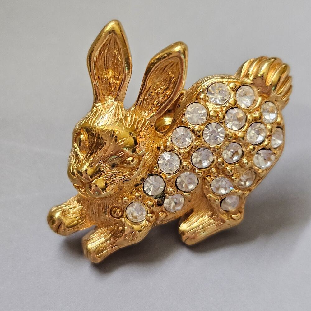 Avon RHINESTONE BUNNY Rabbit Brooch Lapel Pin Clear Goldtone 1992 Vintage